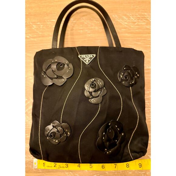 Prada Black Tessuto Nylon Shoulder Tote Bag Flower Applique Details Authentic - Picture 10 of 12